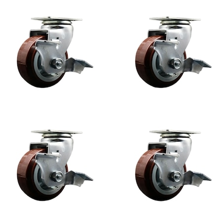 4 Inch Poly On Polyolefin Swivel Caster Set With Ball Bearings And Brakes SCC